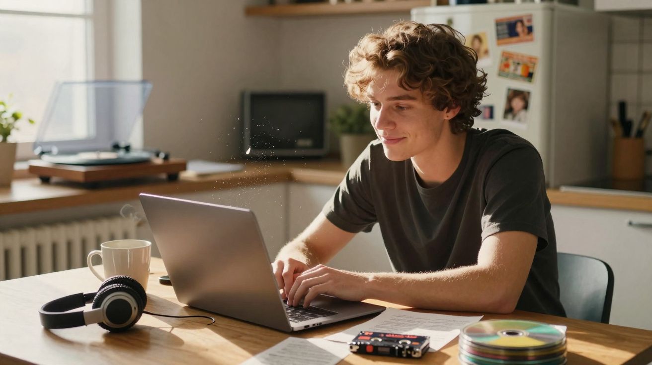 Jovem sentado à mesa a trabalhar num portátil numa cozinha iluminada, com auscultadores e CDs à sua frente.