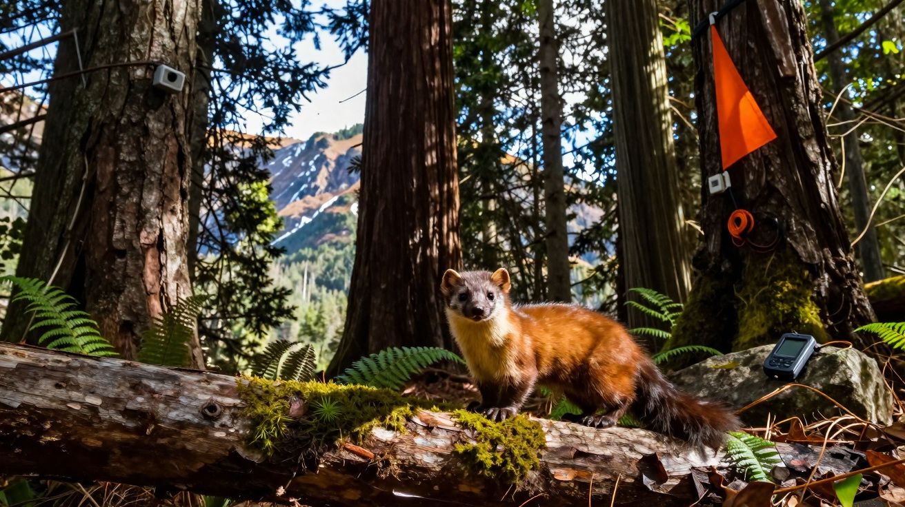 Marta-pesqueira sobre tronco caído numa floresta com montanhas e equipamentos de pesquisa.