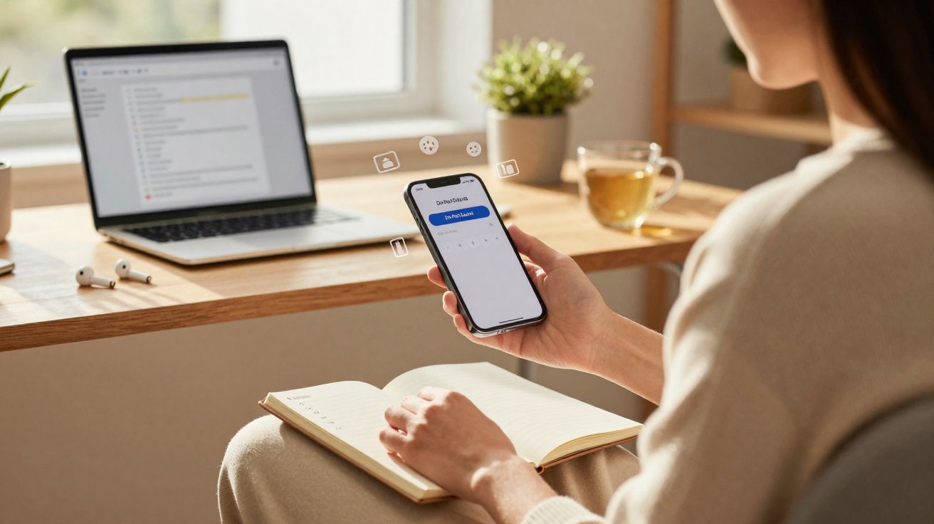Pessoa a usar telemóvel para fazer login em aplicação, com portátil, caderno e chá sobre a secretária.