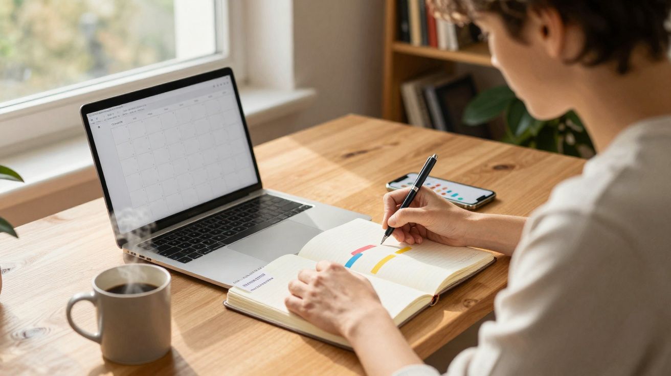 Pessoa a fazer anotação em caderno junto a computador portátil e chá numa mesa de madeira perto de janela.