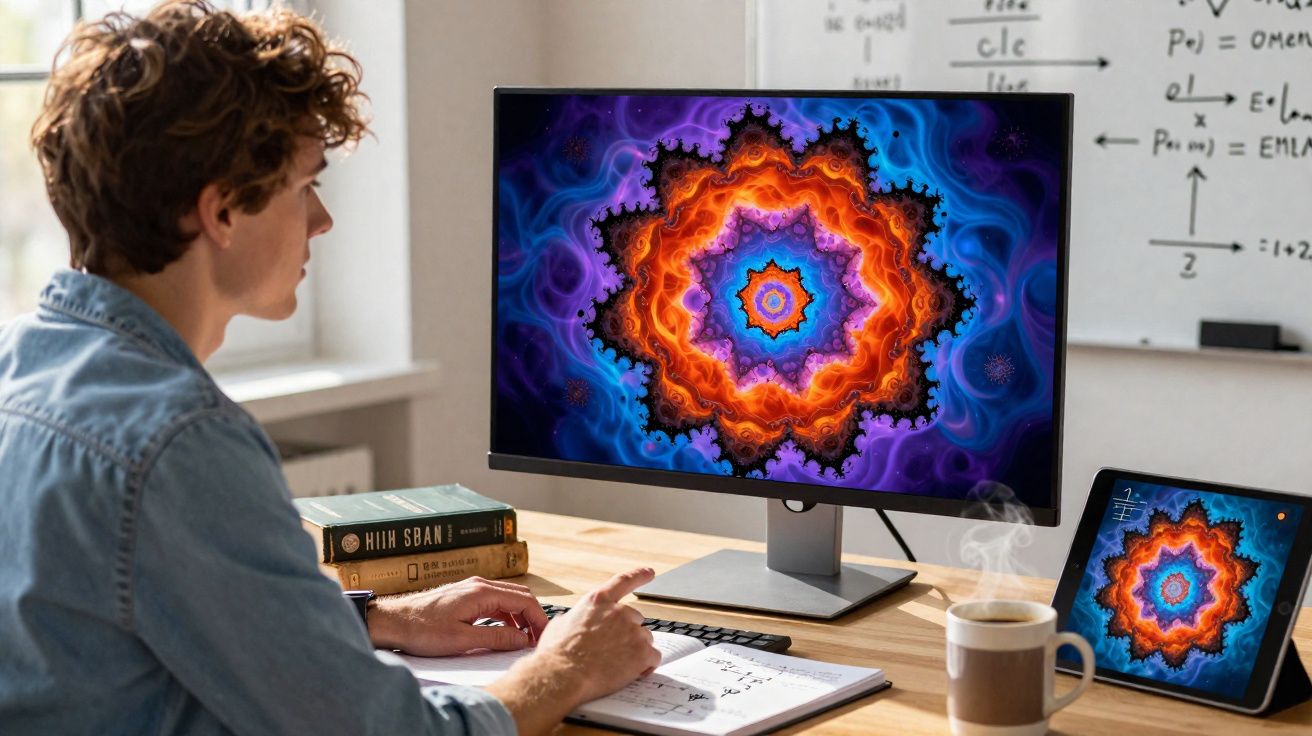 Pessoa a olhar para ecrã com padrão fractal colorido, com livros, caderno e chávena numa secretária.