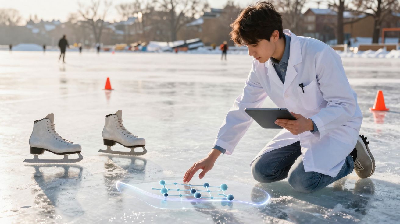 Pessoa de bata branca ajoelhada no gelo a interagir com modelo molecular holográfico, ao lado de patins de gelo.