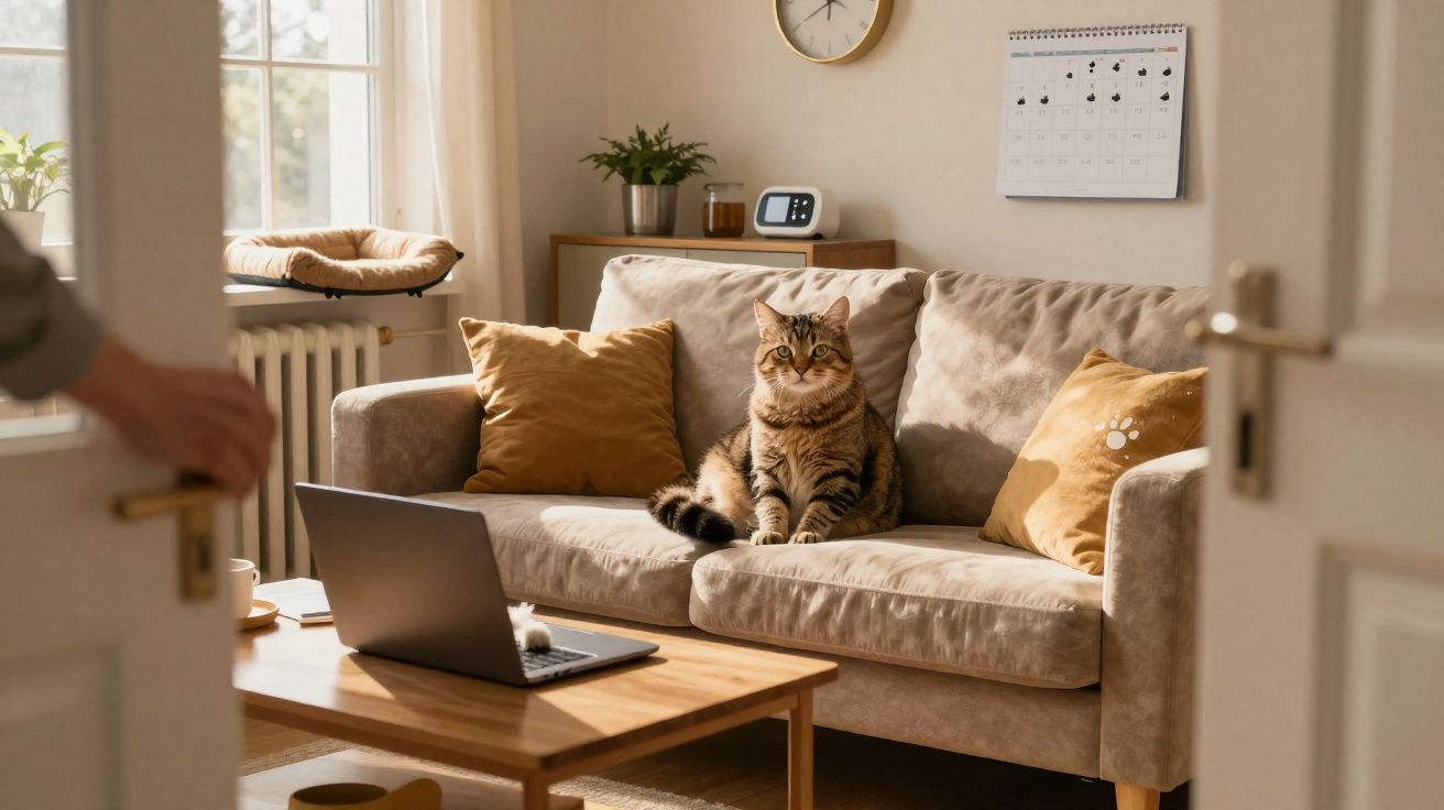Gato sentado num sofá cinzento com almofadas castanhas numa sala iluminada, visto por uma porta entreaberta.
