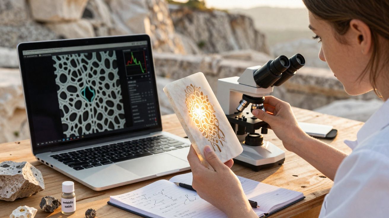 Pessoa a analisar padrão luminoso numa rocha com microscópio e computador ao ar livre numa mesa de madeira.