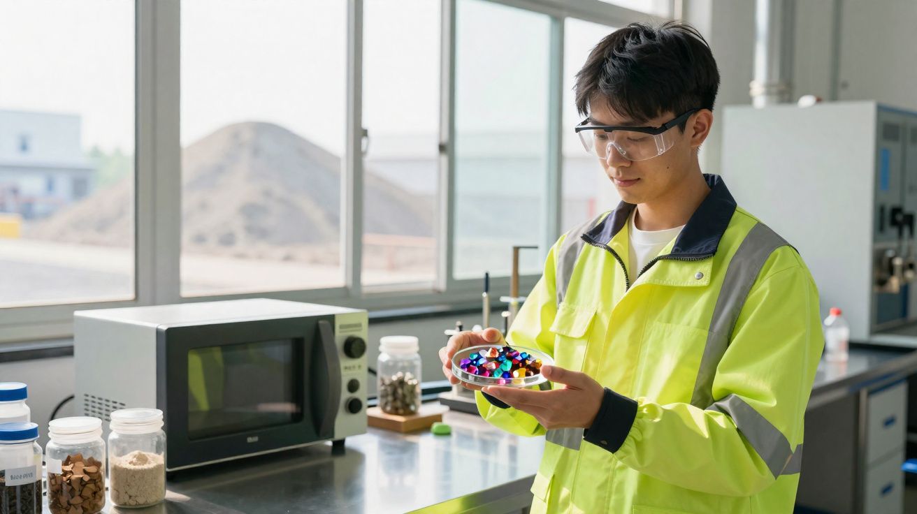 Homem com bata amarela e óculos de proteção examina amostras coloridas numa placa num laboratório.