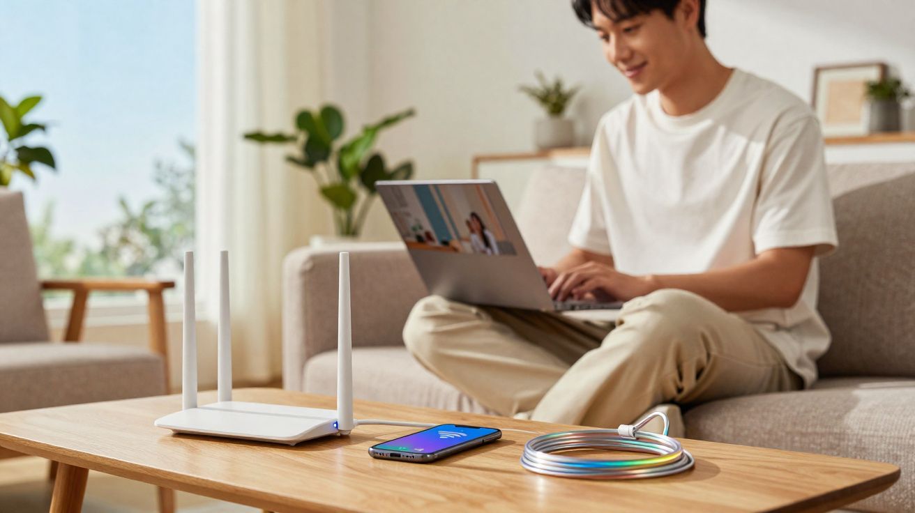 Pessoa sentada no sofá a usar portátil perto de router, smartphone e cabo colorido numa mesa de madeira.