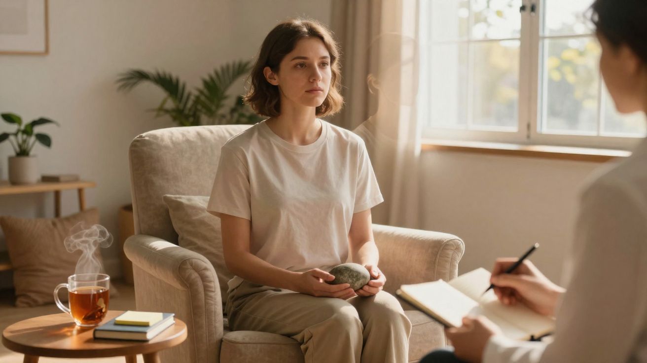 Mulher sentada a conversar com terapeuta num consultório acolhedor com chá e livros ao lado.
