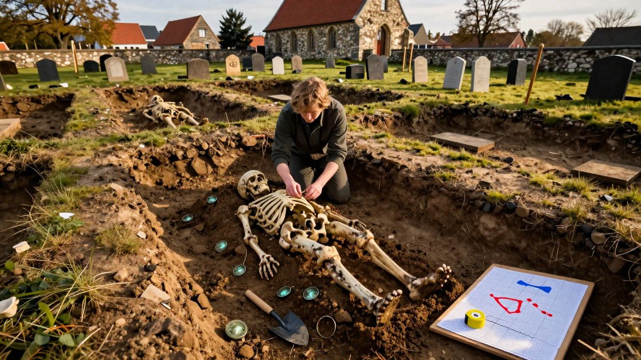 Arqueólogo escava e examina esqueleto humano num cemitério com igreja e campas ao fundo.
