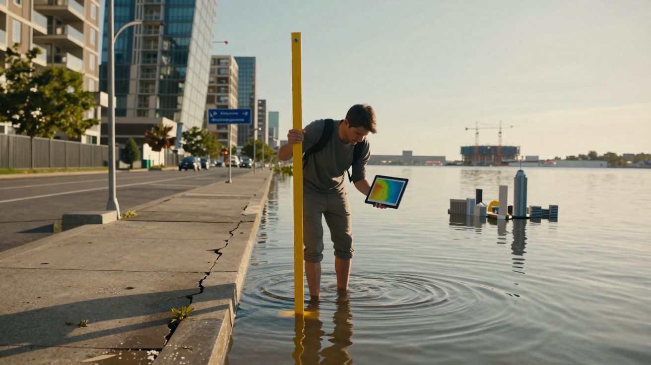 Homem em água na margem urbana mede nível da água com régua e tablet com gráfico colorido.