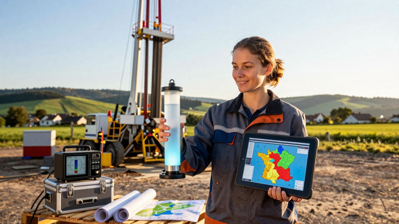 Mulher com equipamento de geologia segura dispositivo luminoso e tablet num campo com equipamento de perfuração ao fundo.