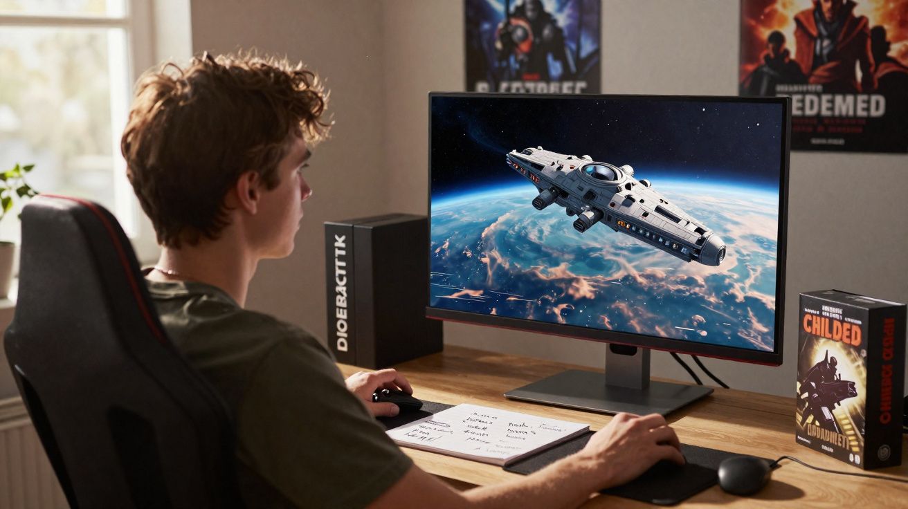 Jovem sentado a jogar videojogo de nave espacial em computador, com posters de jogos na parede.