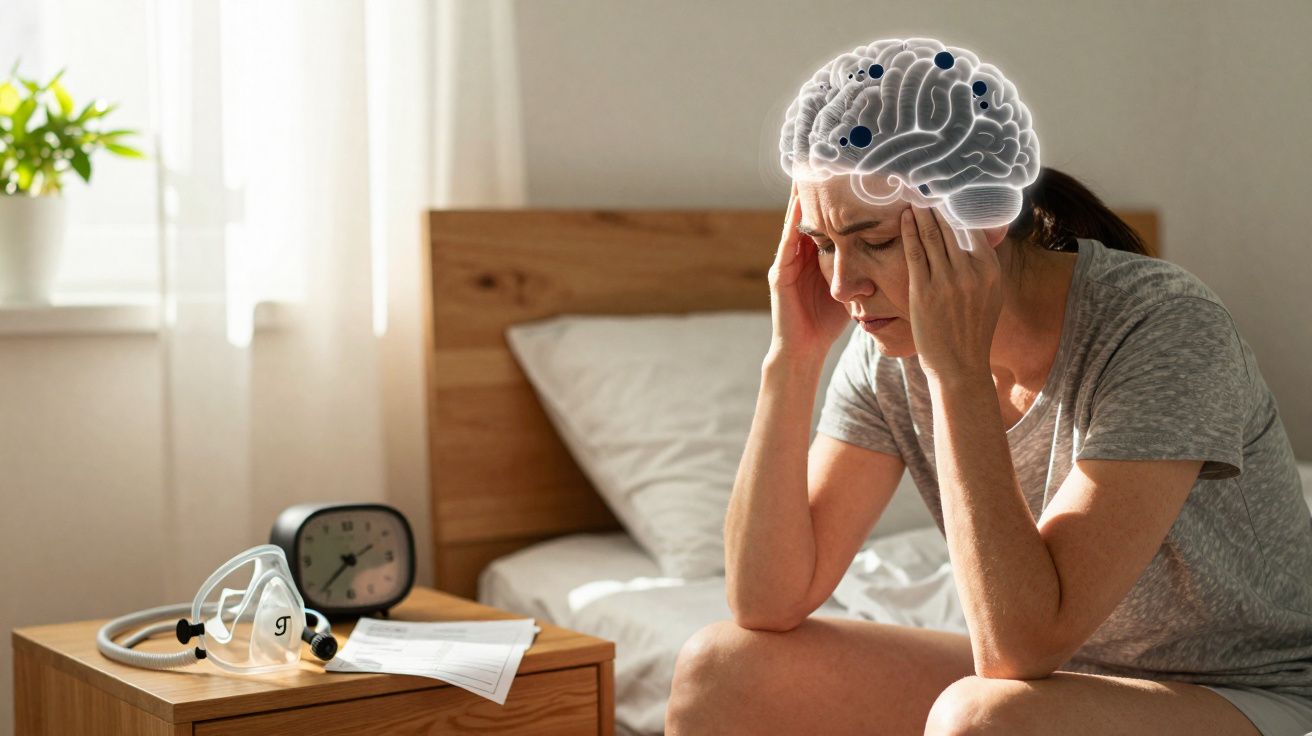 Mulher sentada na cama com dores de cabeça e imagem digital de cérebro destacando pontos de dor.