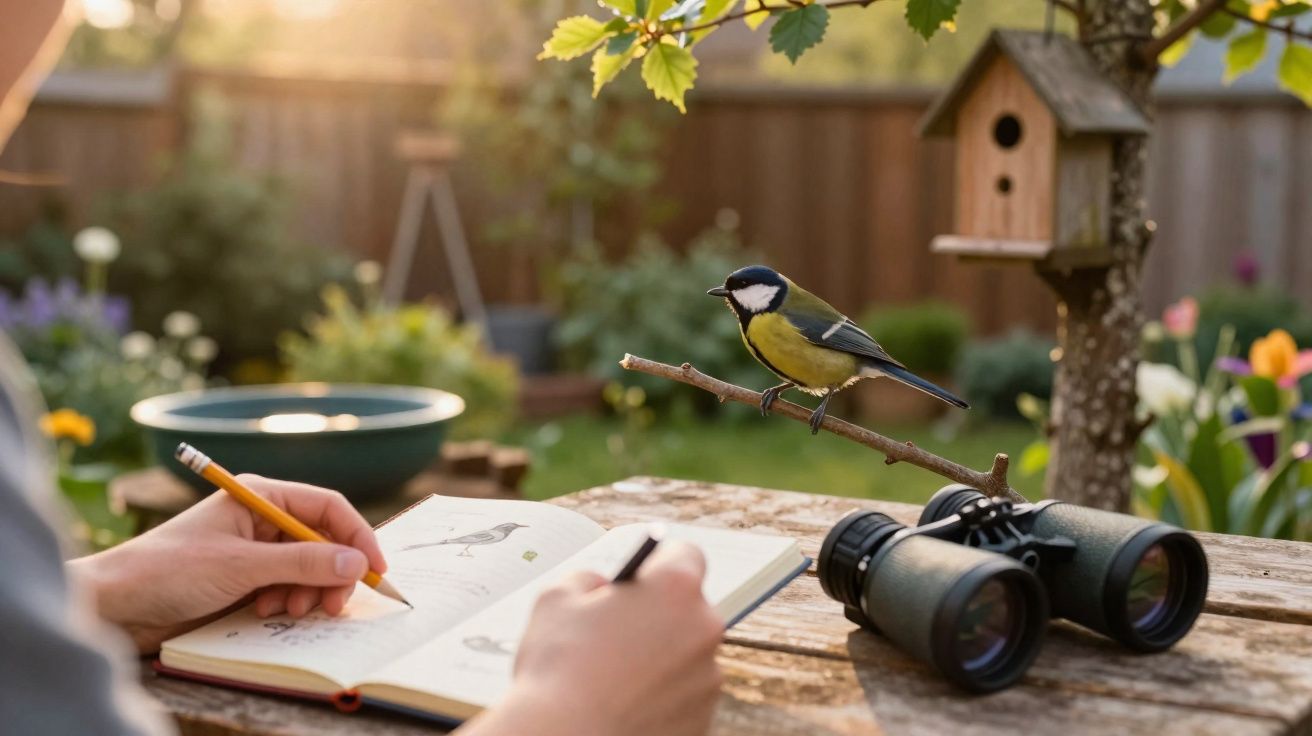 Pessoa a desenhar pássaro num caderno ao ar livre, com um pássaro numa rama e binóculos na mesa.