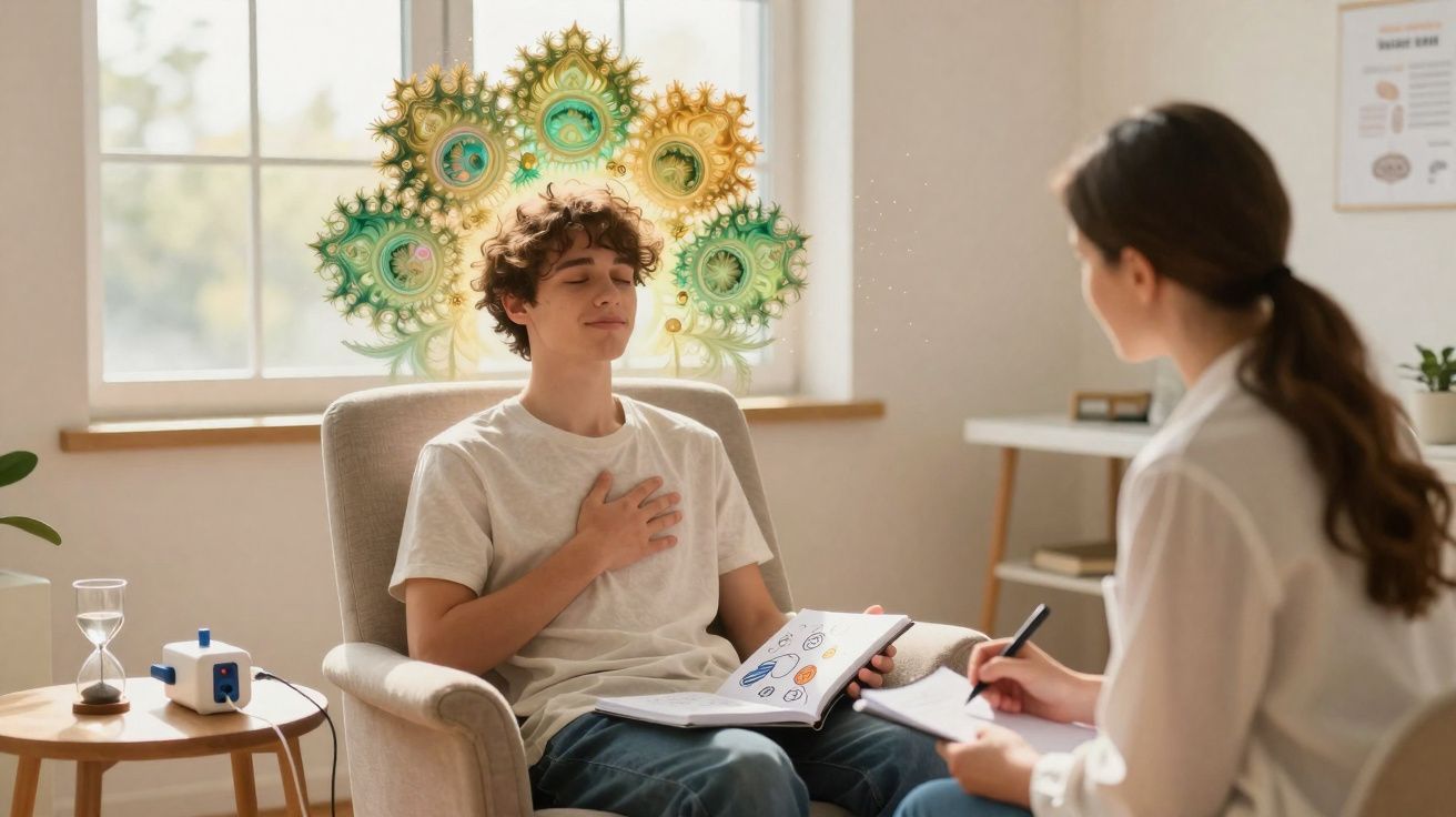 Jovem sentado com os olhos fechados e mão no peito, enquanto terapeuta escreve em caderno durante sessão.