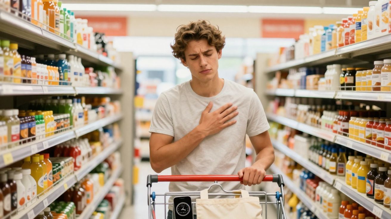 Jovem com expressão de desconforto a segurar o peito num corredor de supermercado entre prateleiras de bebidas.