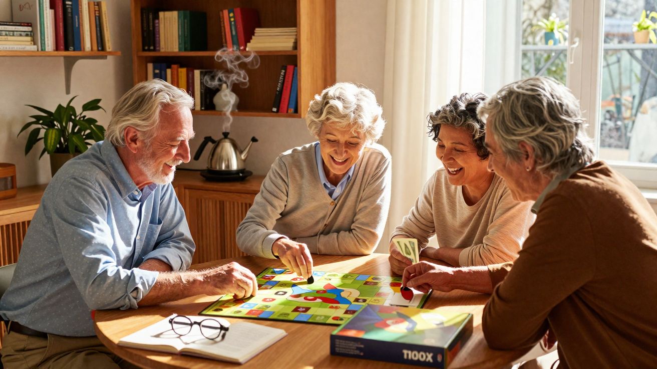 Quatro idosos a jogar um jogo de tabuleiro num ambiente acolhedor e luminoso.