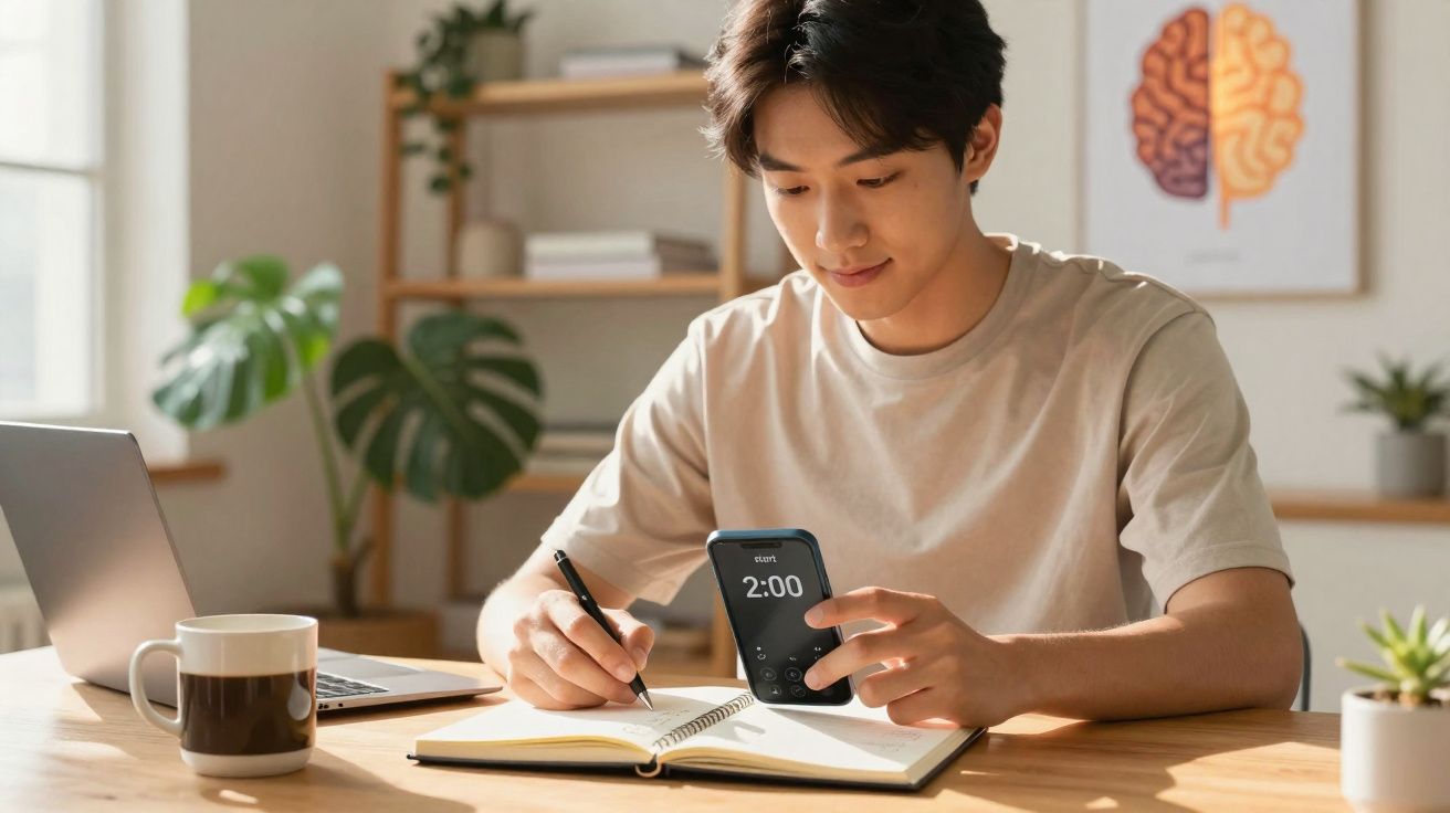 Homem a estudar com caderno, cronómetro e laptop numa mesa com plantas num ambiente luminoso.