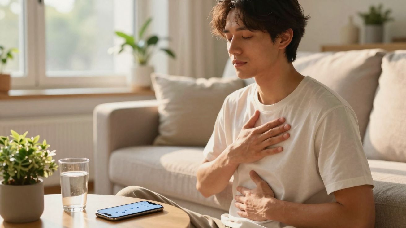 Homem sentado no chão a praticar meditação respiratória numa sala com luz natural.