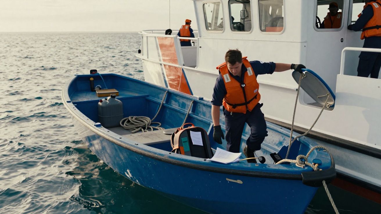 Homem com colete salva-vidas a subir de um barco azul para uma embarcação maior no mar calmo.
