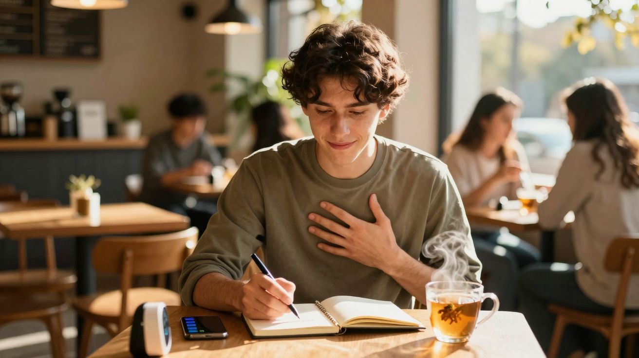 Jovem a escrever num caderno numa cafetaria, com chá fumegante à sua frente e pessoas ao fundo.
