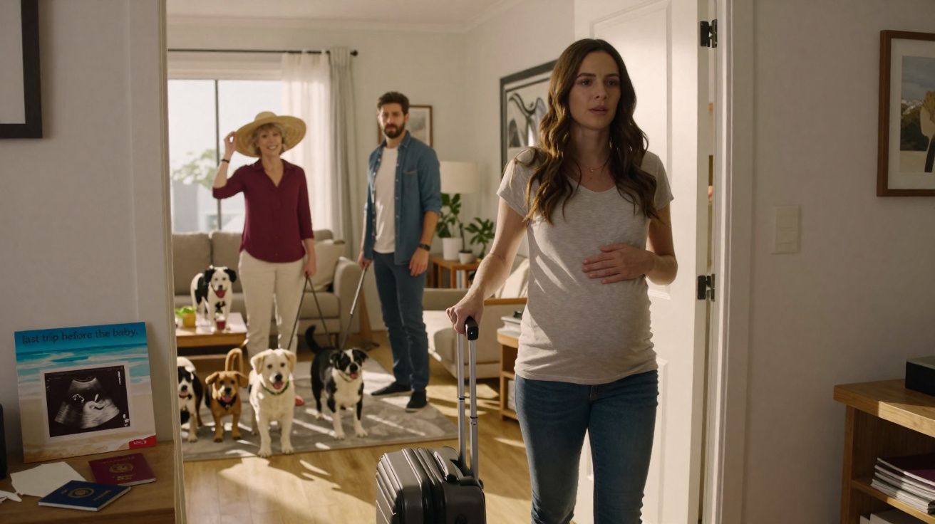 Mulher grávida com mala prepara-se para sair, enquanto casal e cinco cães esperam numa sala iluminada.