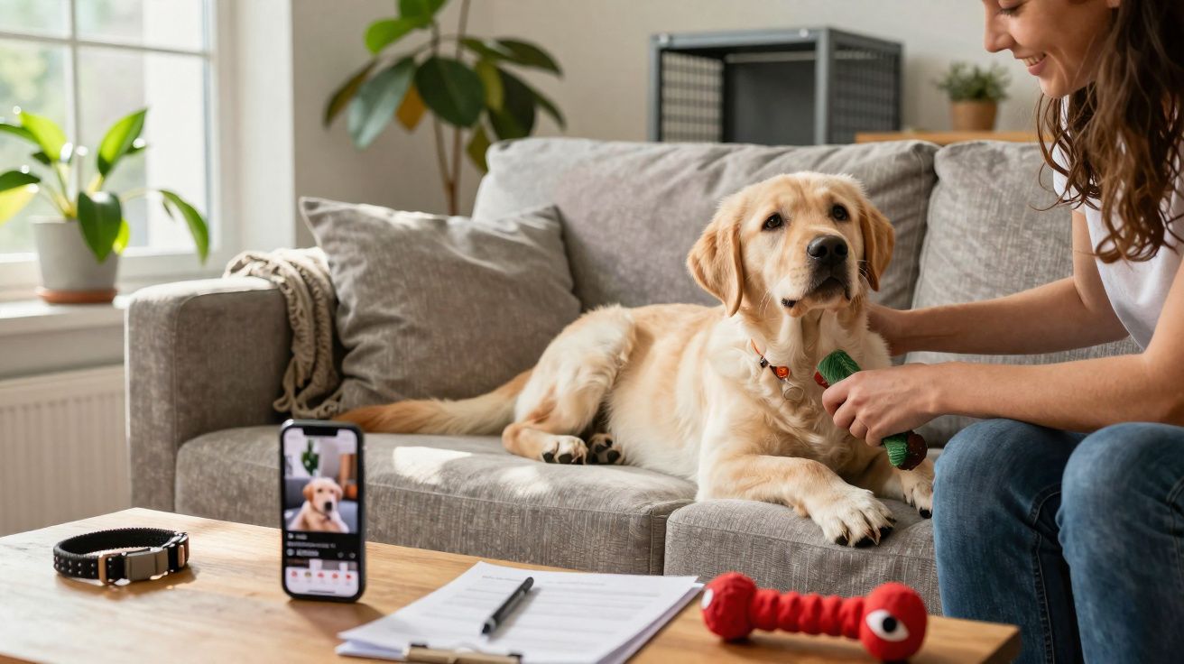 Mulher a brincar com cão labrador no sofá enquanto grava vídeo com smartphone numa sala iluminada.