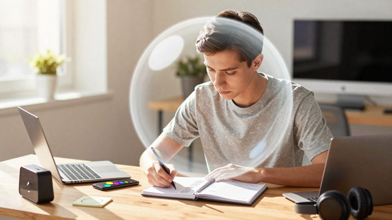 Rapaz a estudar sentado à secretária rodeado de tecnologia, escrito num caderno com bolha de proteção ao redor.
