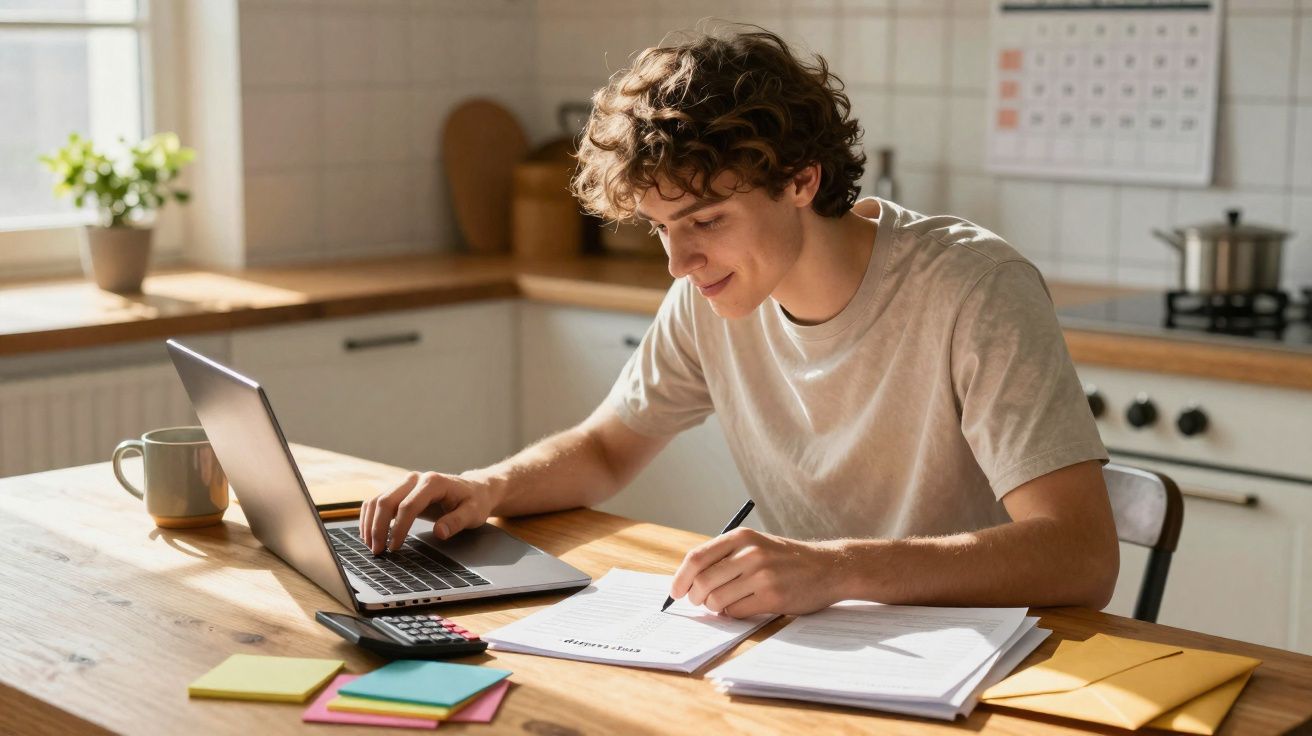 Jovem sentado numa cozinha a estudar, com computador, calculadora, cadernos e blocos de notas à sua frente.