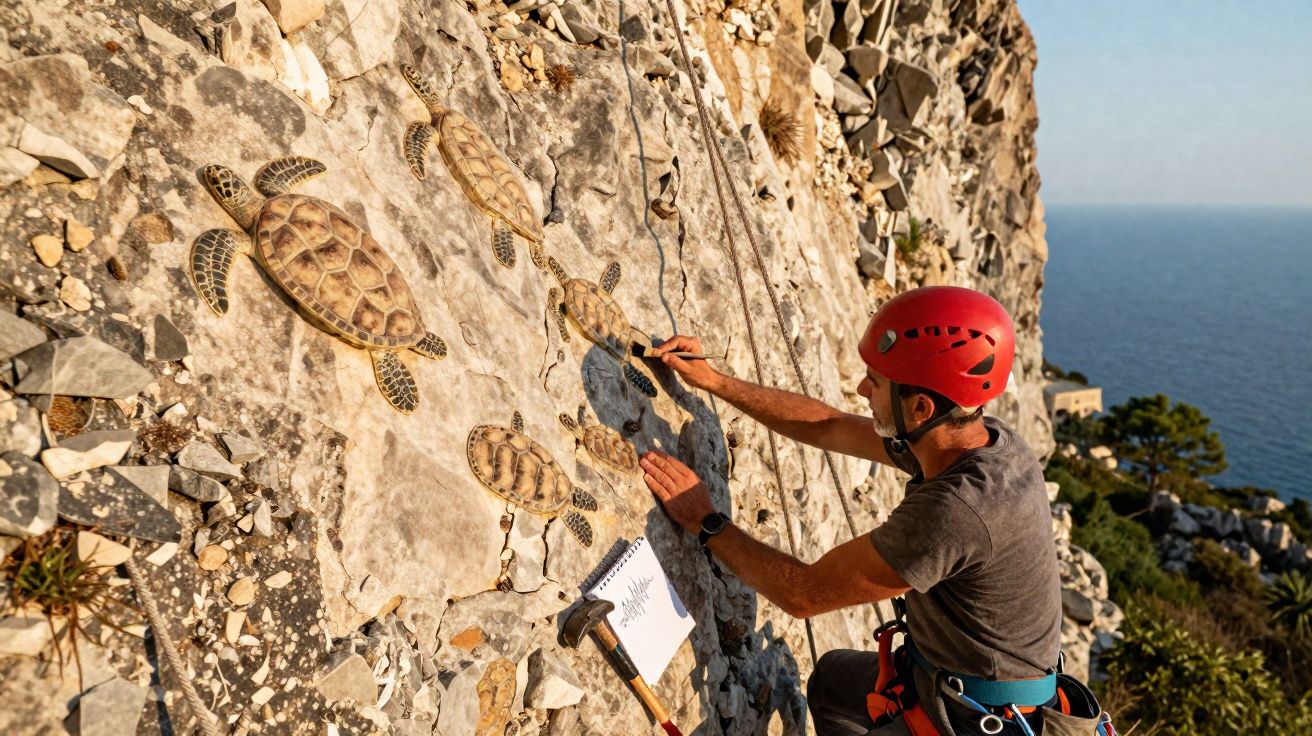 Homem com capacete vermelho pinta tartarugas em rocha junto ao mar durante escalada.
