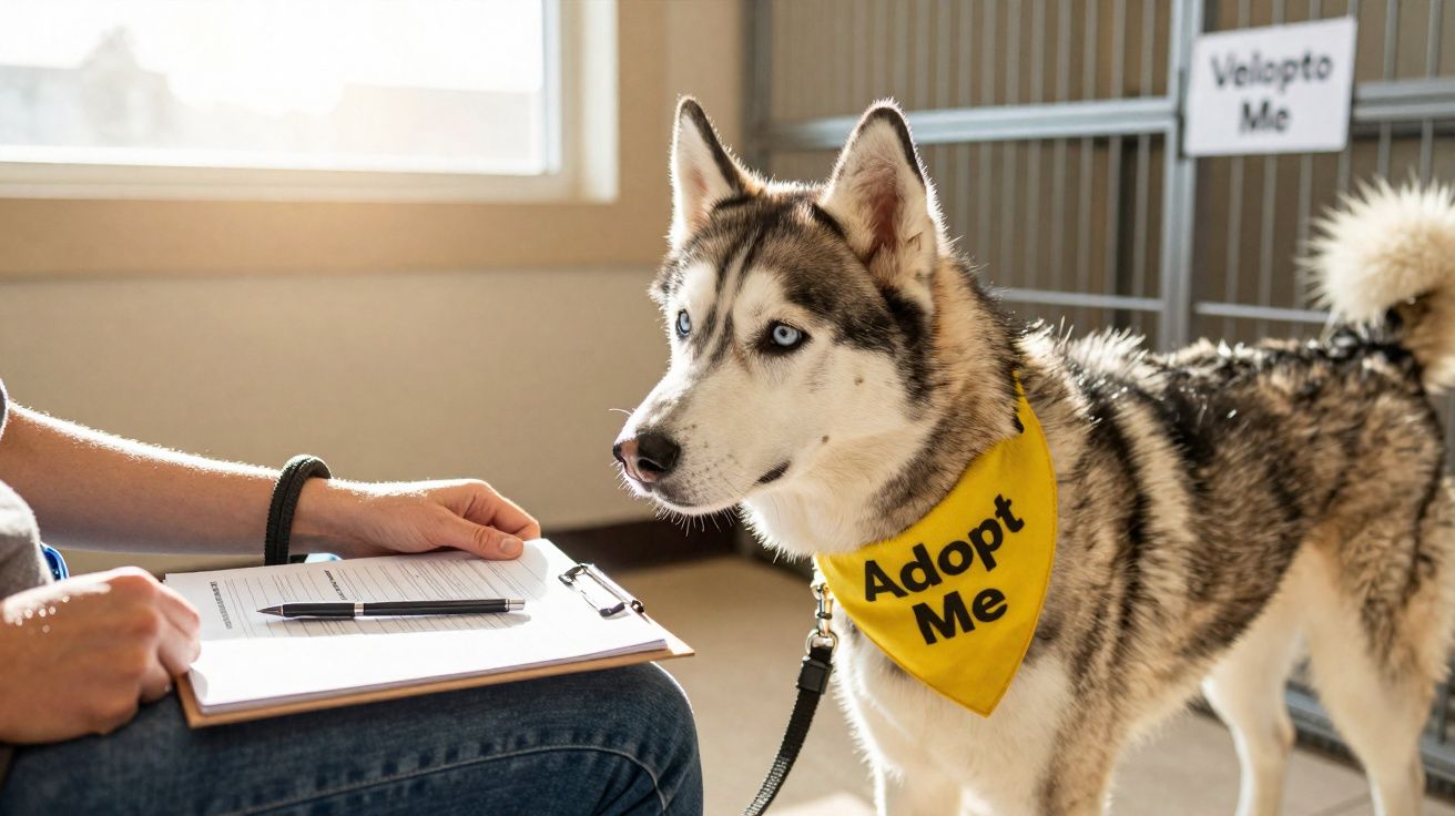 Cão husky com bandana amarela “Adopt Me” junto a pessoa com prancheta num abrigo de animais.