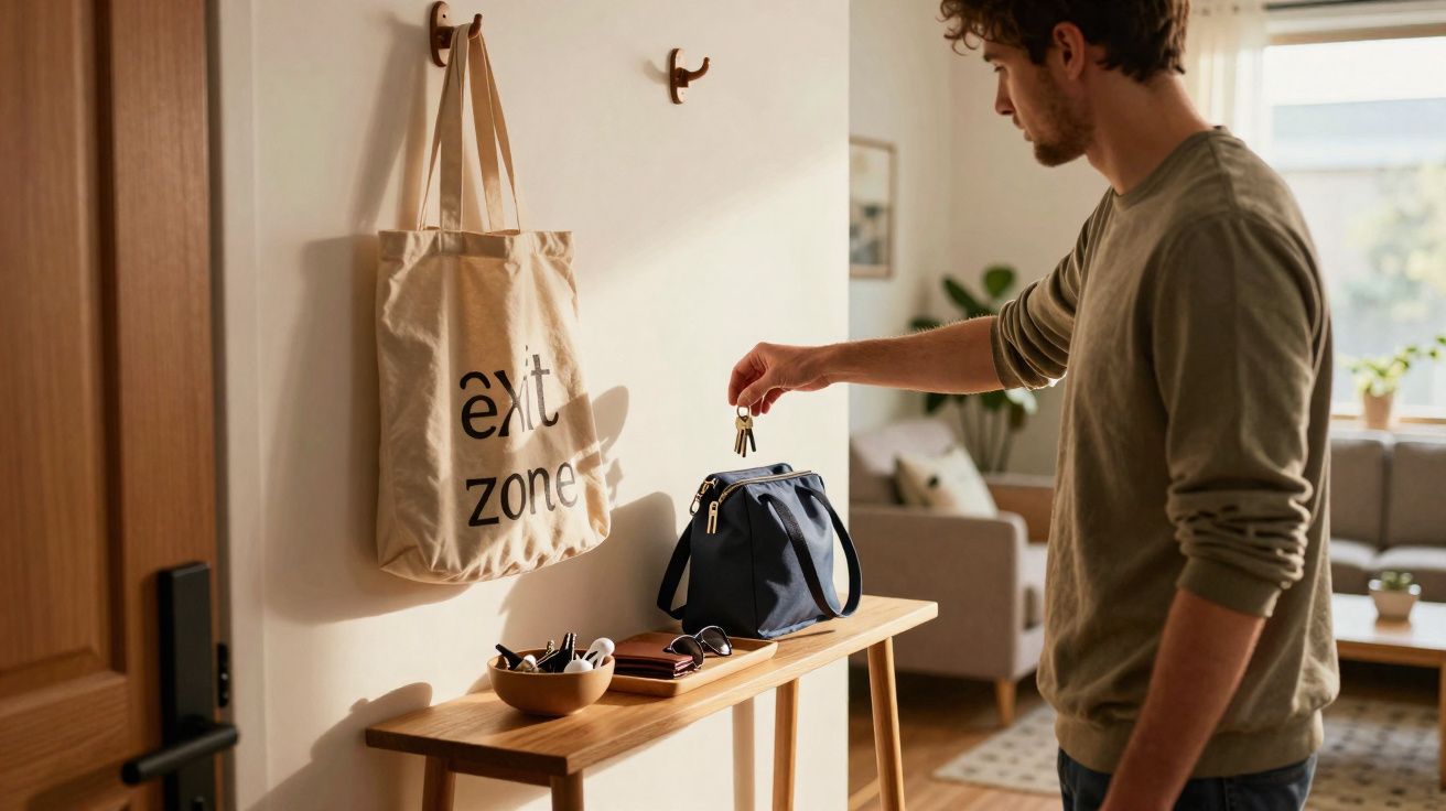 Homem a deixar chaves numa mesa de entrada com bolsa, carteira e mala, junto a saco pendurado na parede.