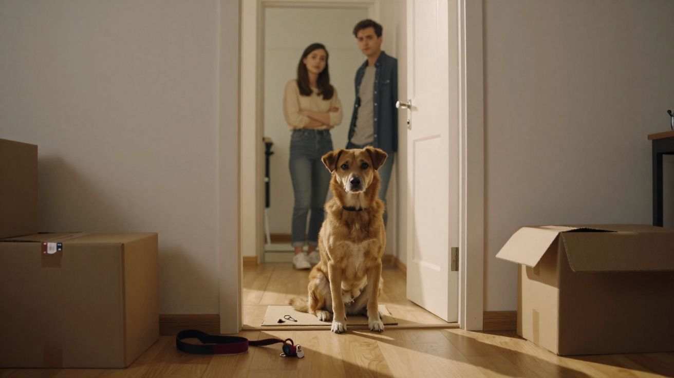 Cão sentado no chão entre caixas de mudança, casal ao fundo observando preocupado no interior de casa.