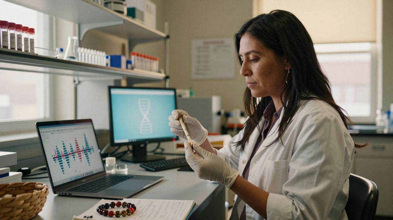 Mulher cientista em laboratório a analisar amostra com gráficos de DNA em ecrãs ao fundo.
