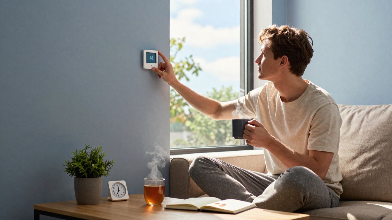 Homem jovem ajusta termostato digital na parede enquanto segura chá sentado junto à janela.