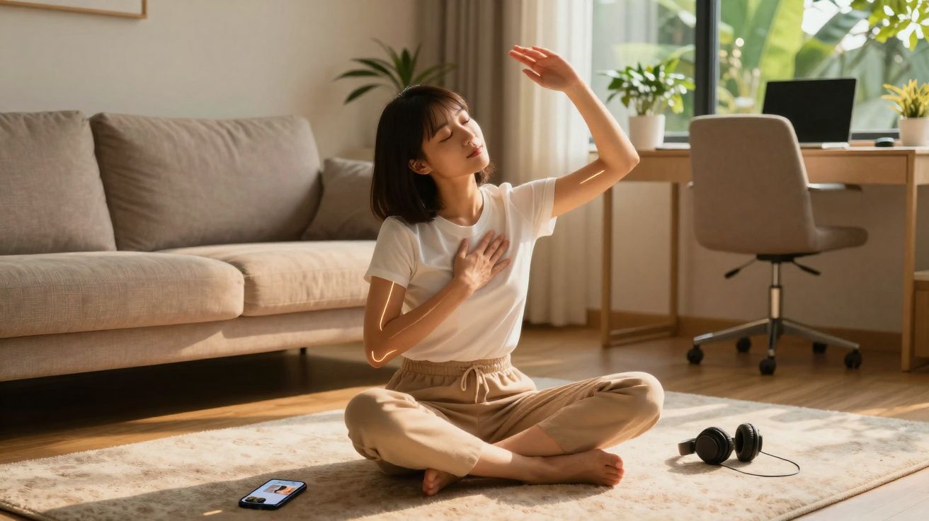 Mulher sentada no chão de casa a meditar com olhos fechados, rodeada por sofá, telefone e auscultadores.