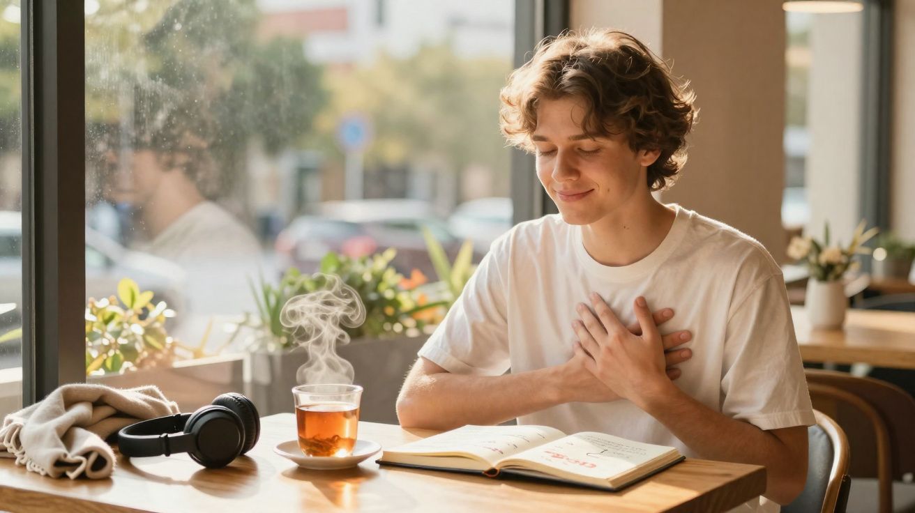Jovem sentado numa mesa com chá quente, a ler um livro e a fazer gesto de gratidão num café iluminado pela manhã.