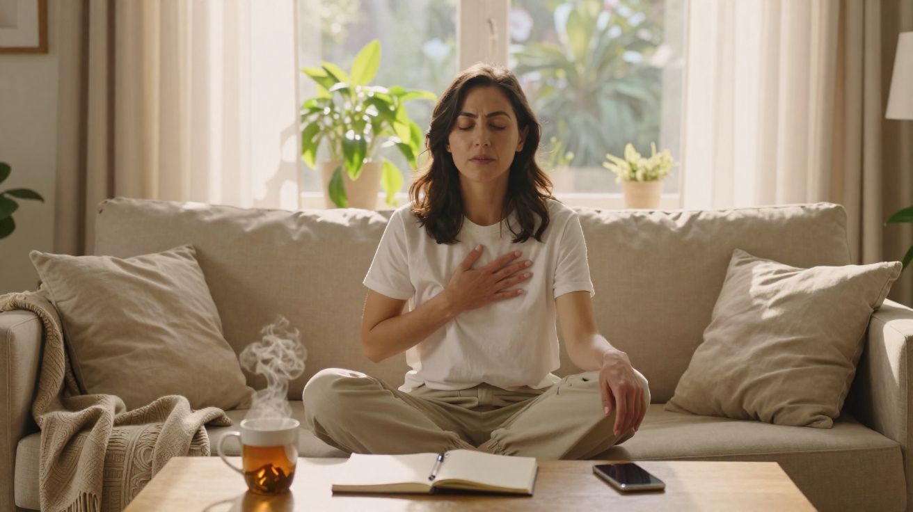 Mulher sentada no sofá a meditar com a mão no peito, ao lado de chá quente e caderno aberto.