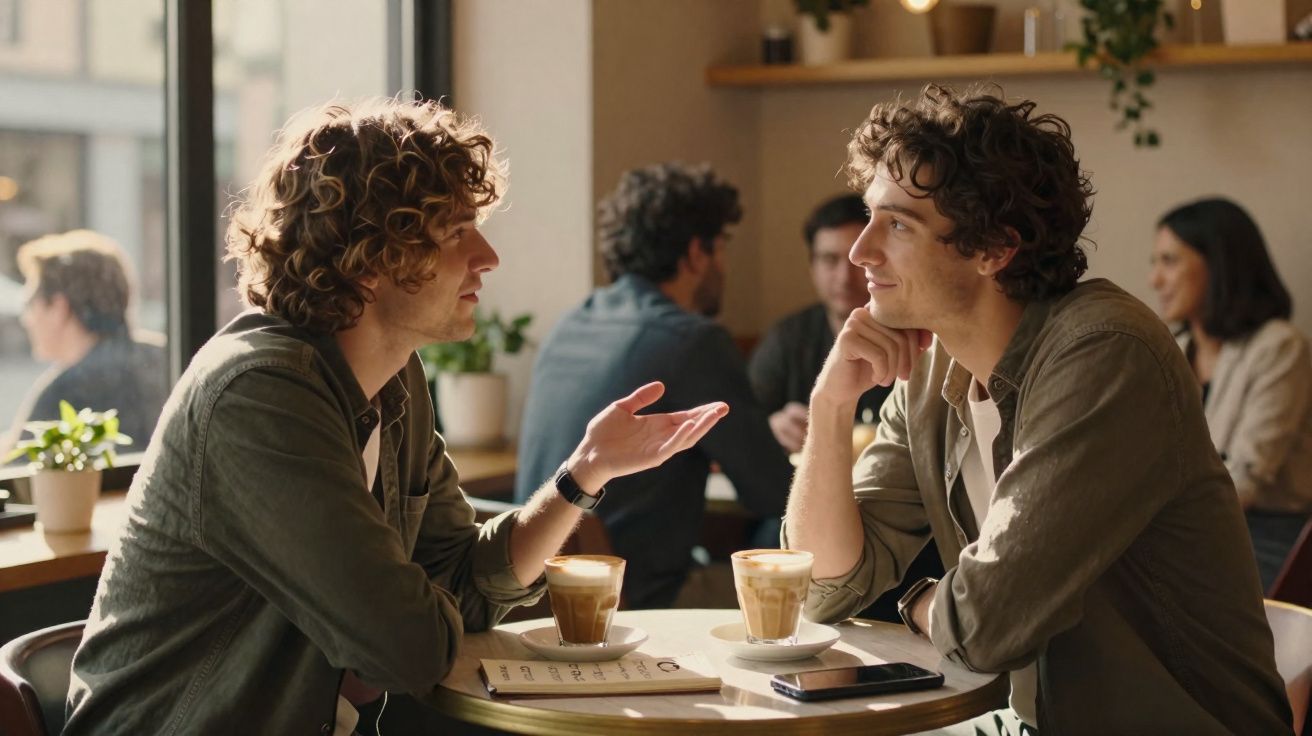 Dois homens com cabelo encaracolado conversam numa esplanada, com café e telemóvel na mesa.