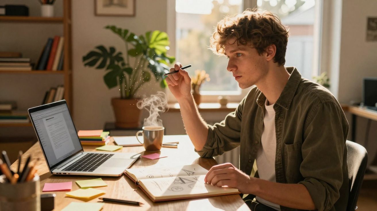 Jovem a trabalhar num desenho numa secretária com portátil, chá fumegante e janelas ao fundo.