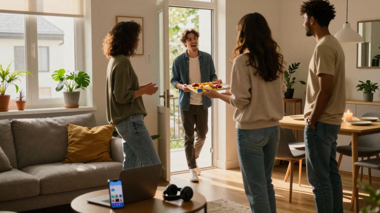 Amigos a receberem visita com tabuleiro de petiscos numa sala de estar iluminada com plantas e mobiliário moderno.