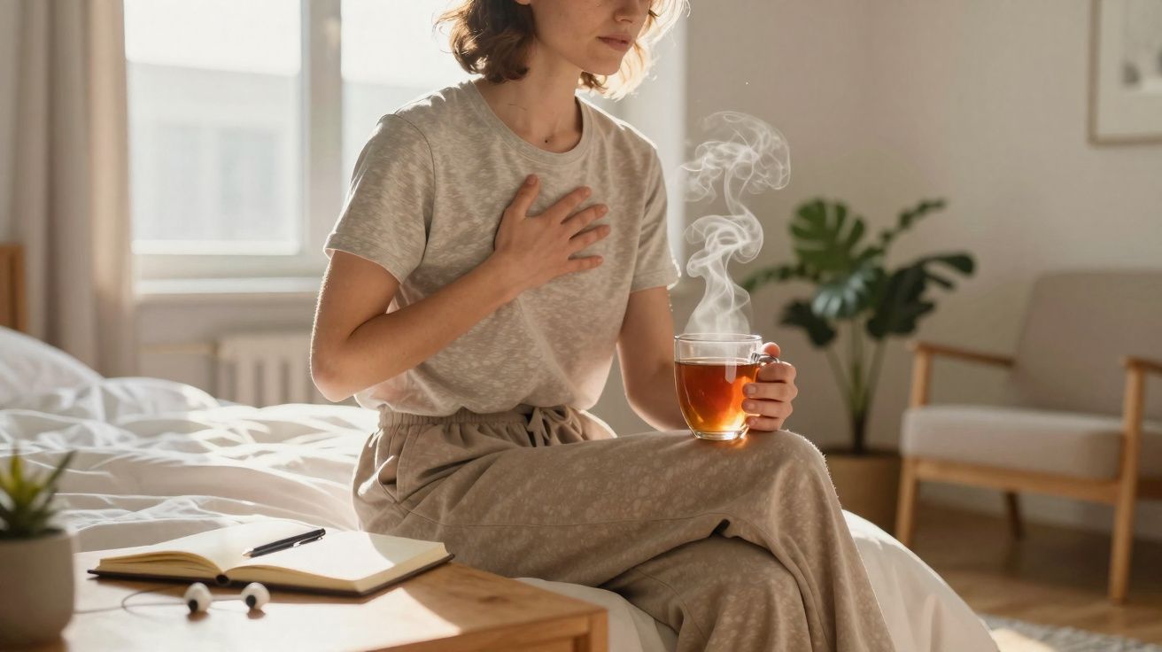 Mulher sentada na cama com chá quente na mão e a tocar no peito, aparentando desconforto respiratório.