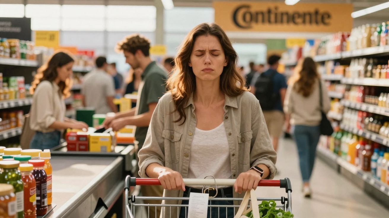 Mulher com expressão cansada empurra carrinho de compras num supermercado Continente.