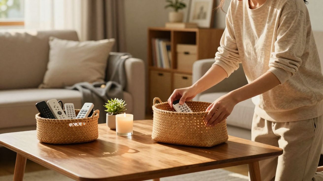 Pessoa a organizar comandos remotos em cestos de palha numa mesa de madeira na sala de estar iluminada.