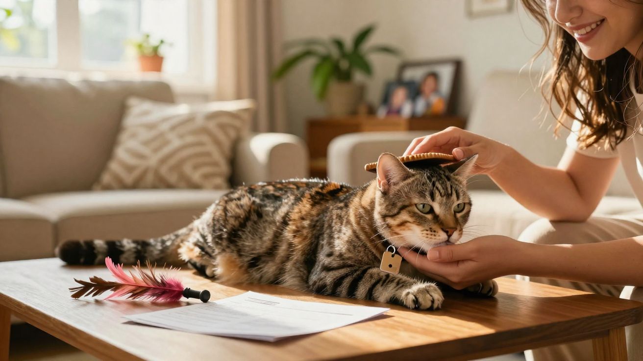 Mulher a escovar um gato tigrado relaxado numa mesa de madeira numa sala luminosa e acolhedora.
