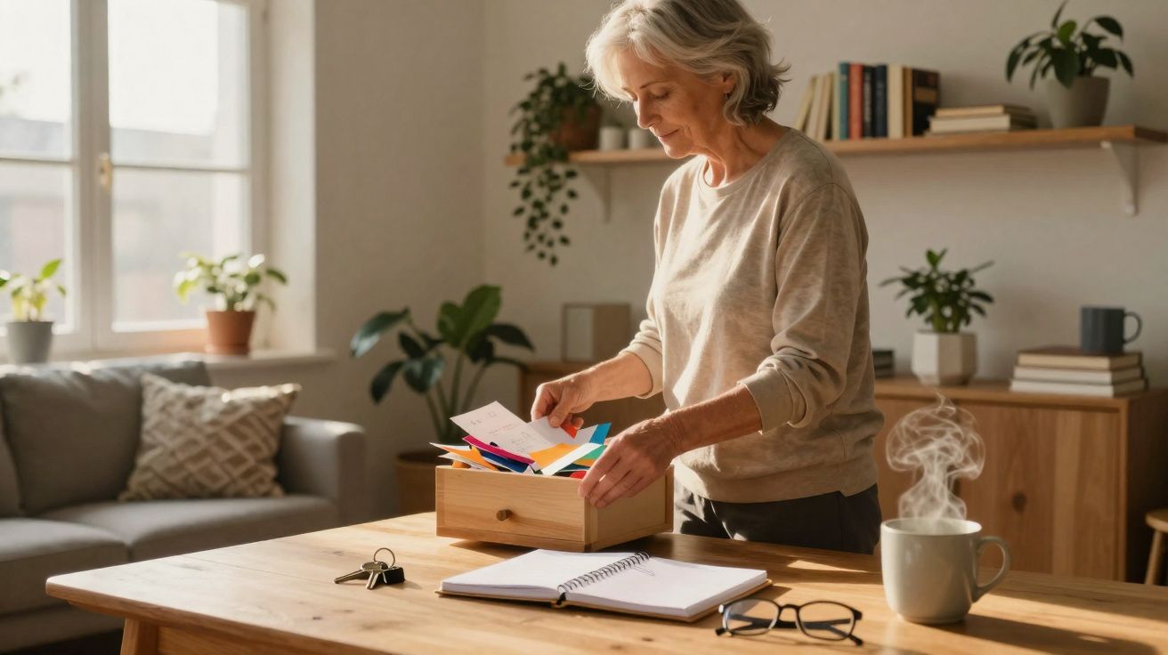 Mulher adulta a organizar papéis coloridos numa caixa de madeira numa sala iluminada e aconchegante.