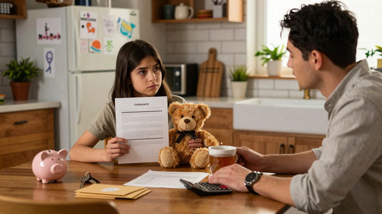Rapaz e rapariga numa cozinha a discutir contas, com um cofrinho, ursinho de peluche e documentos na mesa.