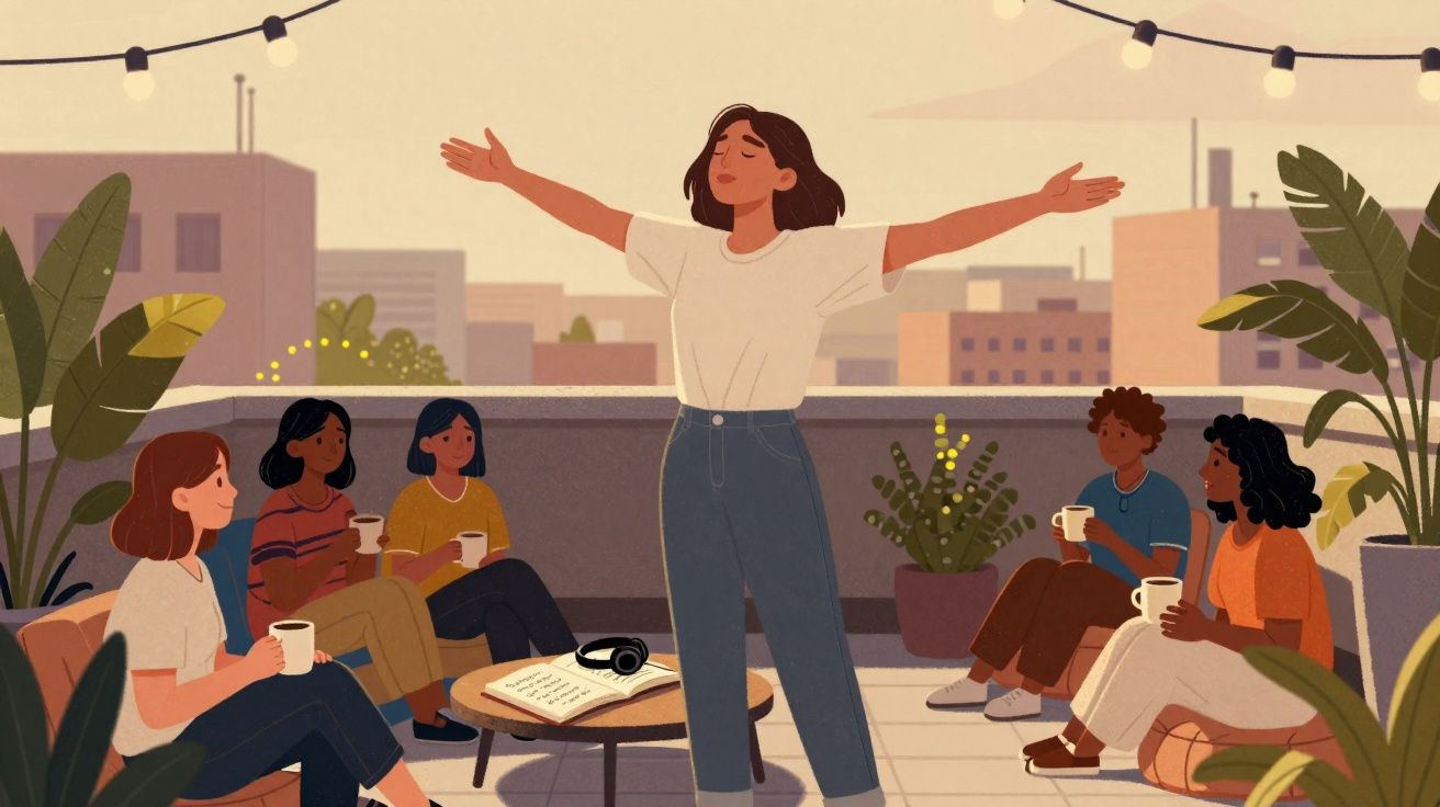 Grupo de amigos num terraço ao pôr do sol, com uma pessoa a falar em pé e os outros sentados a ouvir.