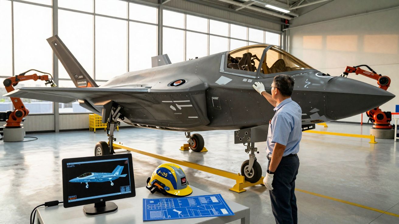 Homem inspeciona caça militar cinzento F-35 numa oficina com monitor, capacete e planta na mesa.