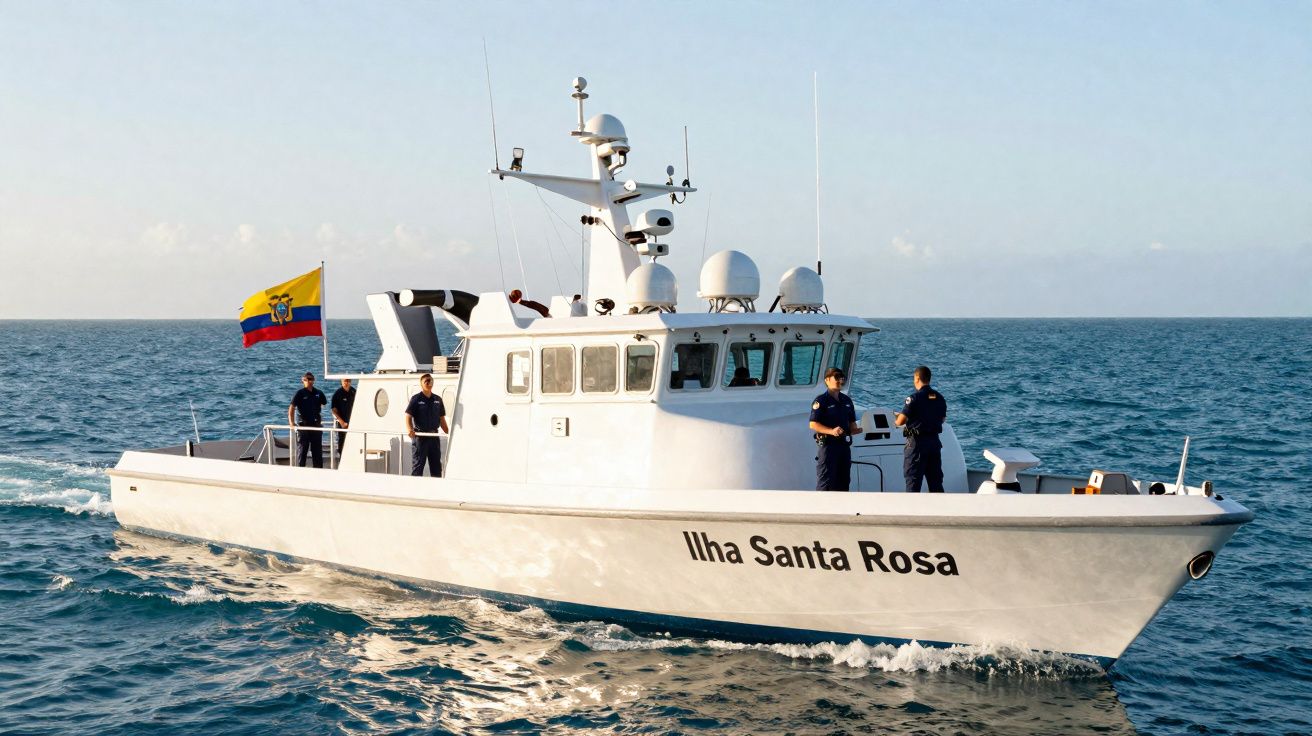 Embarcação branca "Ilha Santa Rosa" com tripulação e bandeira do Equador navegando no mar calmo.