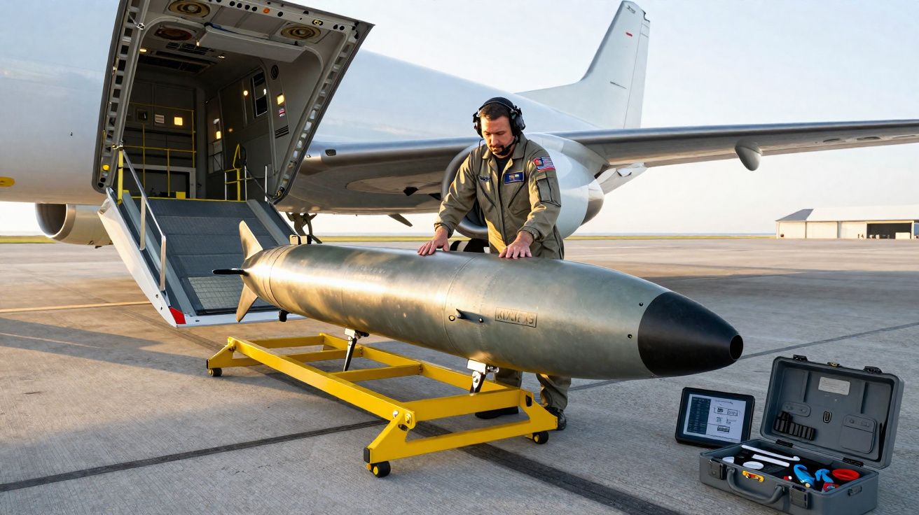 Piloto militar ao lado de bomba no reboque à frente de avião com porta traseira aberta num aeródromo.